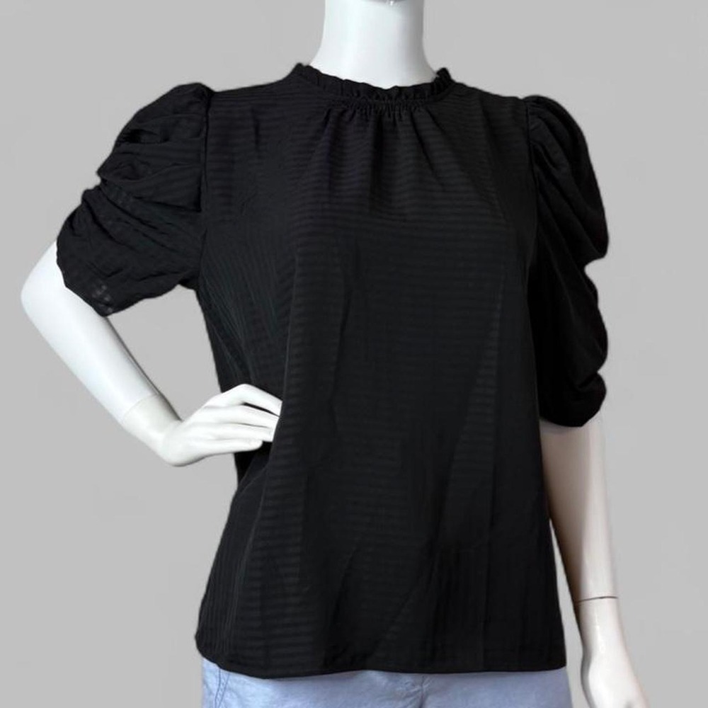 LOFT Black Puff Sleeve Blouse Womens Small Sheer Stripe Ruffle Neck NWT